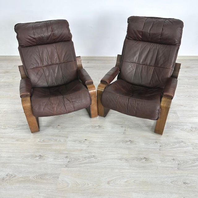 Mid-Century Modern Leather Armchairs Attr. To Arnt Lande for Westnofa - A Pair For Sale - Image 3 of 18