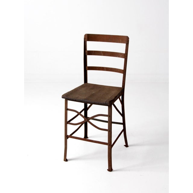 Antique Early 20th Century Riveted Metal Chair With Wood Seat For Sale - Image 4 of 9