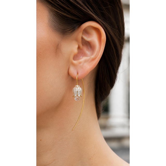 Gold Silver, Gold Lily Flower Earrings With Rock Crystal Briolettes, Pair For Sale - Image 8 of 8