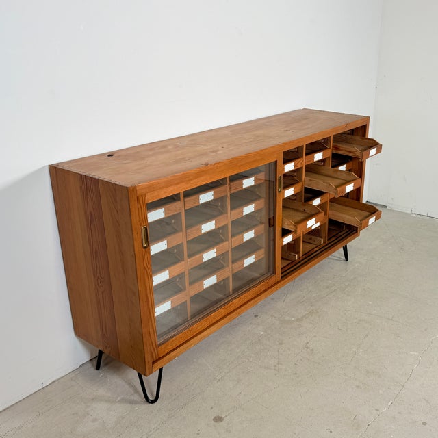 Vintage German Pine Sideboard with 24 Drawers and Glass Sliding Doors, 1960s For Sale - Image 9 of 14