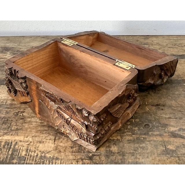 Vintage Hand Carved Asian Landscape Wood Box For Sale - Image 4 of 12