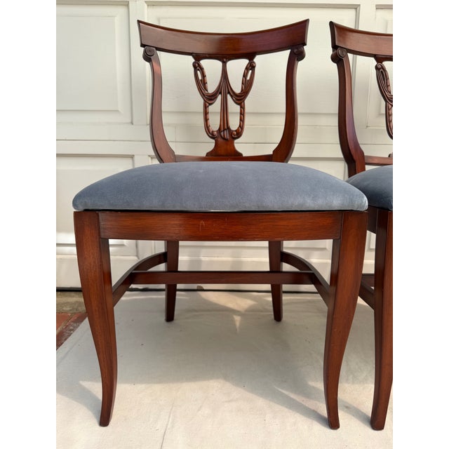 Set of 6 Neoclassical Dining Chairs With Carved Swag Backs, Blue Velvet Upholstery For Sale - Image 14 of 18