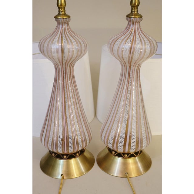 1960 Large White & Pink Barovier Toso Murano Italy Latticino Blown Art Glass Brass Table Lamps - a Pair For Sale - Image 13 of 13