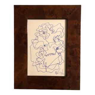 Original Vintage Wayne Cunningham Abstract Ink Drawing Burled Wood Frame For Sale