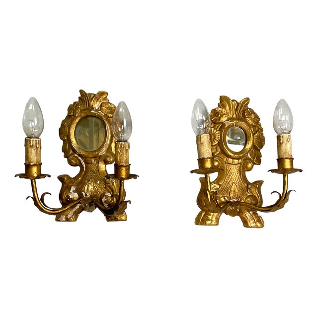 Italian Two Light Wall Lamps with Mirror, 1700s, Set of 2 For Sale