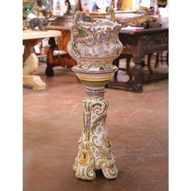 French Early 20th Century French Desvres Faience Jardinière on Pedestal For Sale - Image 3 of 16