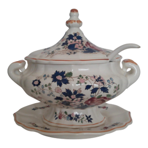 1970s Royal Sealy Japan Covered Soup Tureen With Ladle Ceramic, Blue & Red Chinoiserie Pattern 4 Pieces