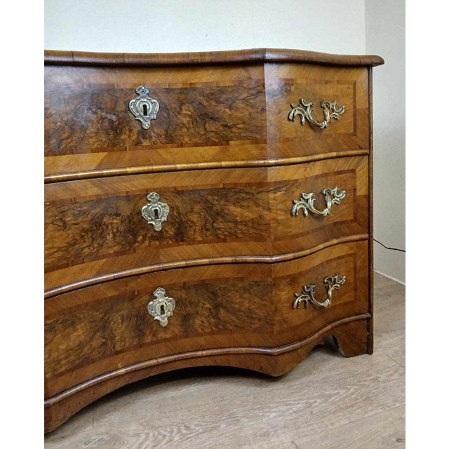 18th Century Marquetry Bow Chest 18th Century marquetry bow chest 3 drawers with patinated bronze pull handles and keyhole...