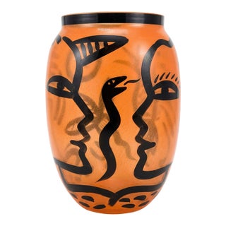 Kosta Boda Caramba “Adam & Eve” Snake Motif Orange Art Glass Vase by Ulrica Hydman‑Vallien, Large For Sale
