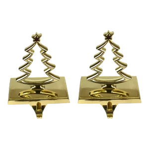 Late 20th Century Pottery Barn Brass Christmas Tree Design Mantel Stocking Hook Holder - a Pair