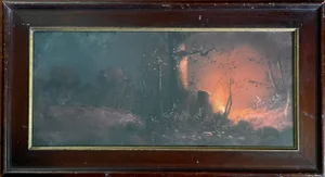 1940s "Forest Landscape at Night with Fire" Pastel Drawing, Framed