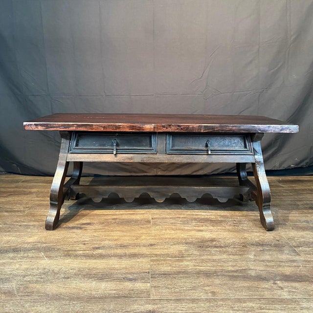 Wood Antique Spanish Coffee Table With Double Sided Drawers and Lyre Legs For Sale - Image 7 of 11