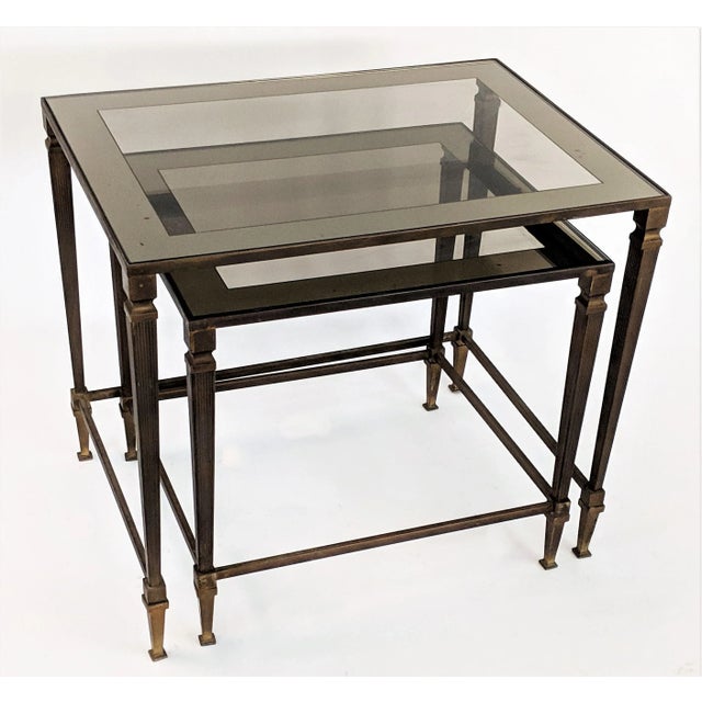 1960s Hollywood Regency Maison Jansen Bronze and Glass Nesting Tables - 2 Pieces For Sale In Miami - Image 6 of 13