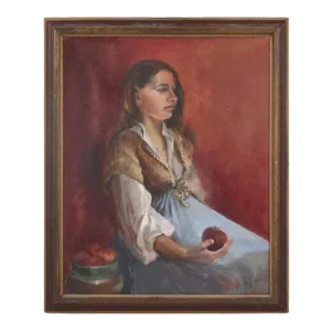 Vintage Portrait Painting of a Woman Holding an Apple, Artist Signed