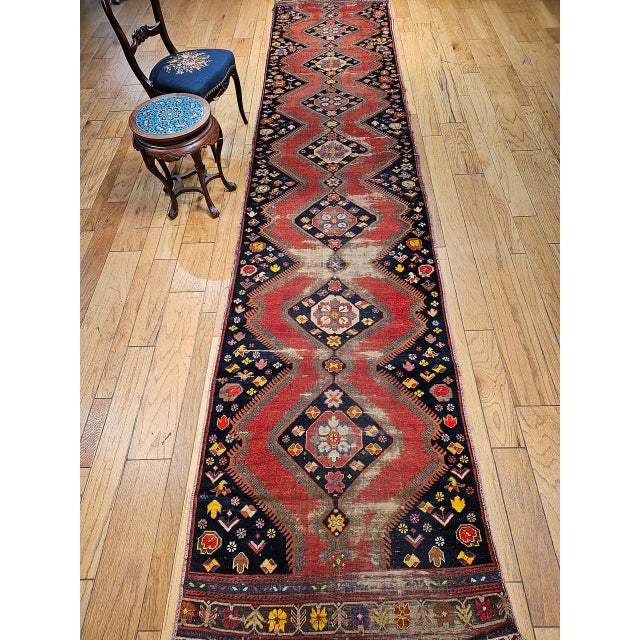 Tribal Antique Caucasian Karabagh Runner, Hand-Knotted Wool, Red & Navy, 4' x 17' For Sale - Image 3 of 13