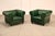 High Quality Pair of Tufted Green Leather Lounge Chairs with Brass Tack Trim, Mounted on Turned Feet