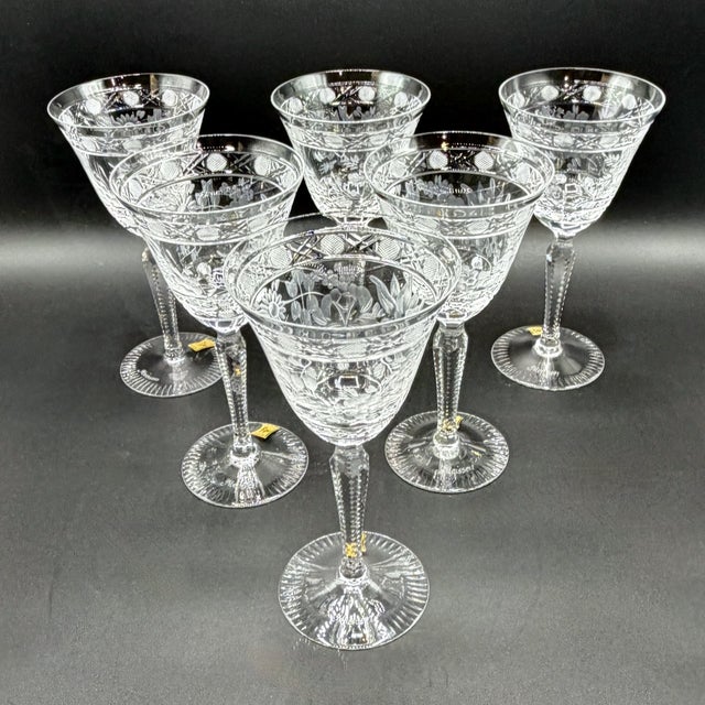 1970s Meissen Crystal Wine Glasses, Floral Engraved & Cane Cut, German Bleikristall, 1960s, Set of 6 For Sale - Image 5 of 18