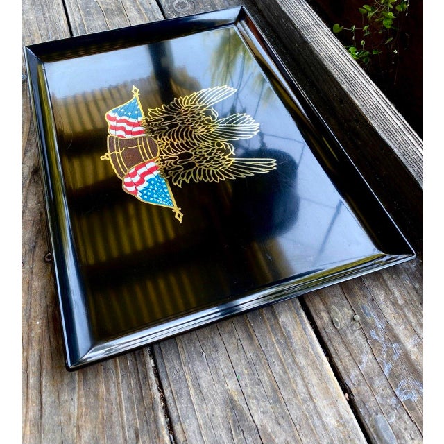 American Vintage Couroc of Monterey Bicentennial Patriotic Eagle & Liberty Bell Inlay Serving Tray For Sale - Image 3 of 10