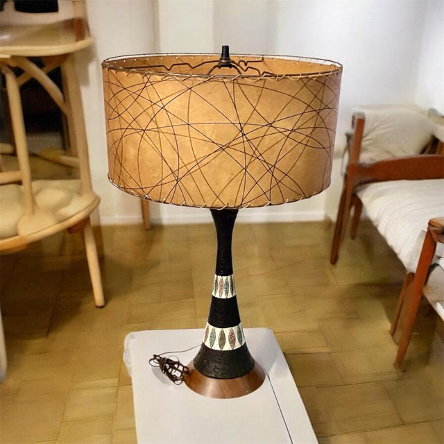 Wood Mid-Century Quartite Creative Corporation Ceramic Textured Cone Table Lamp With Geometric Design on Wood Base With Fiberglass Whipstitched Shade For Sale - Image 7 of 12