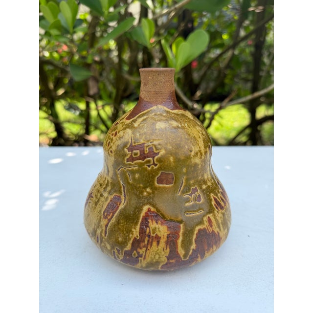 Late 20th Century Vintage 5” Organic Studio Pottery Bottle Vase in Olive Drip Glaze For Sale - Image 5 of 11