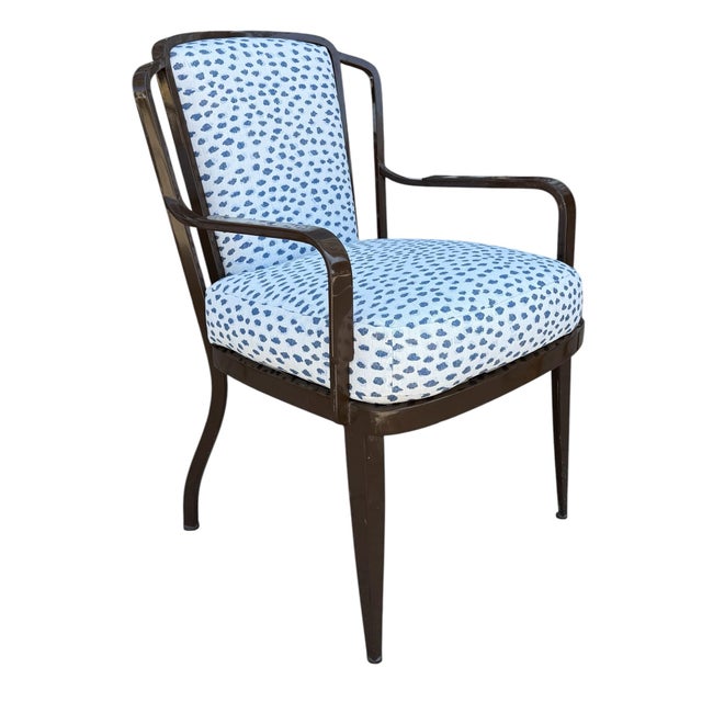 McGuire Furniture Co Indoor Outdoor Side Dining Chair. freshly upholstered in Perennial blue & white cheetah fabric . 1 of...