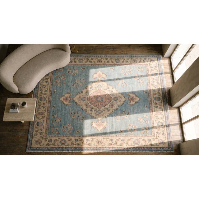 1880s Beige Floral Medallion Antique Turkish Oushak Ghiordes Rug 13' X 14'6" Handknotted Wool Carpet For Sale - Image 10 of 10