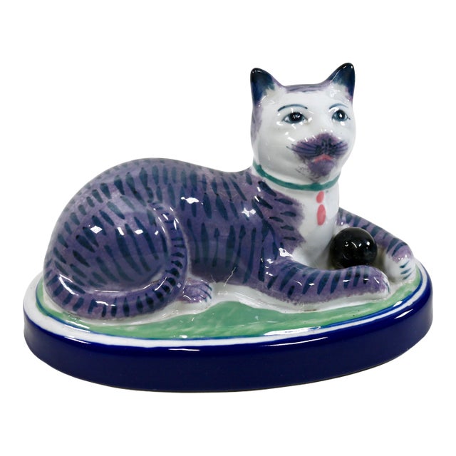 Vintage Staffordshire Recumbent Cat Mantle Statue Figurine Right Facing For Sale