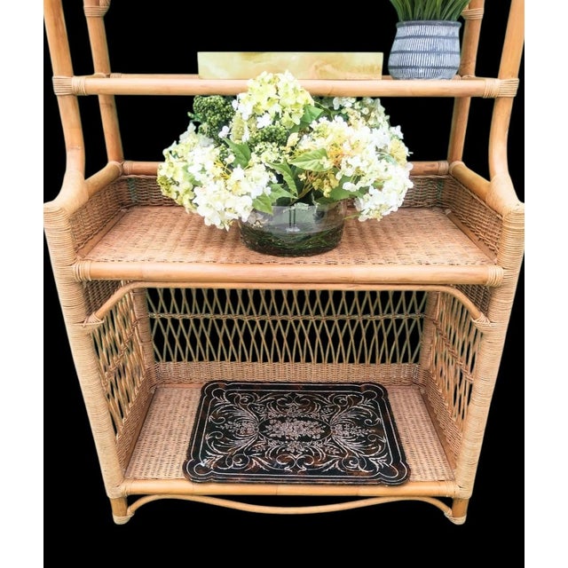 Serena & Lily Vintage Wicker Rattan Coastal Regency Pagoda Topped 3 Glass Shelf Etagere Display Unit For Sale - Image 4 of 9