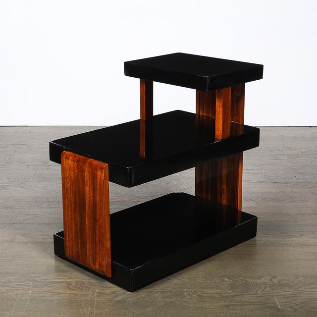 1930s Art Deco Machine Age Three-Tier Black Lacquer & Walnut Side Table For Sale - Image 5 of 14
