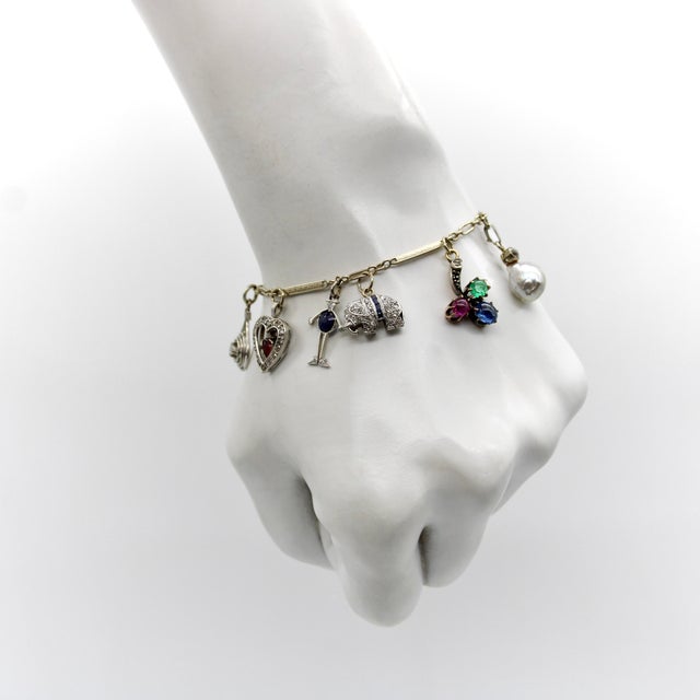 1920s Art Deco 14k Gold and Platinum Diamond and Gem Set Charm Bracelet For Sale - Image 10 of 12