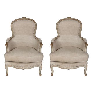 An Antique Pair of Louis XV Style Linen Bergeres From Paris For Sale