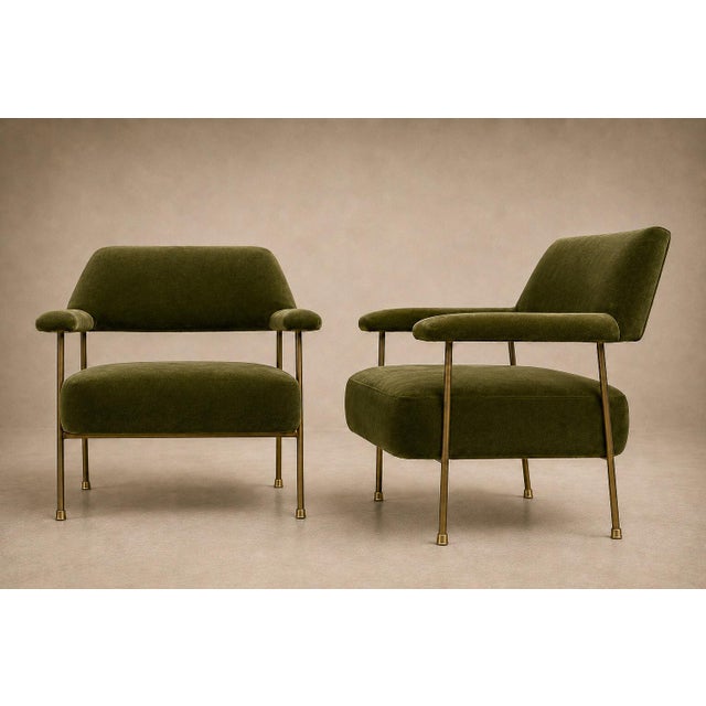 Metal Brazilian Modern Pair of Armchairs in Aged Brass & Olive Green Mohair by Joaquim Tenreiro, 1950s For Sale - Image 7 of 17