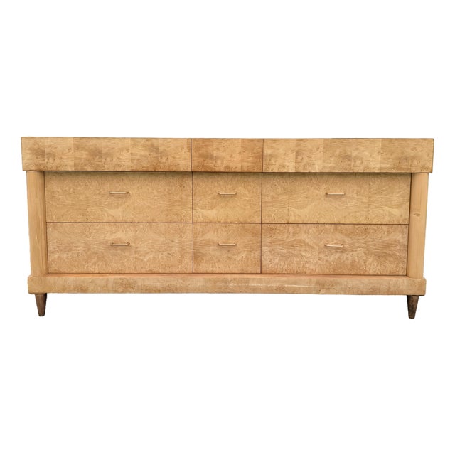 Mid Century Modern Burlwood Dresser With Copper Legs For Sale