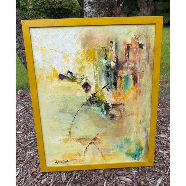 Original signed abstract expressionist painting by Sylvia Bank, dated 1976. Executed in oil on canvas, the composition...