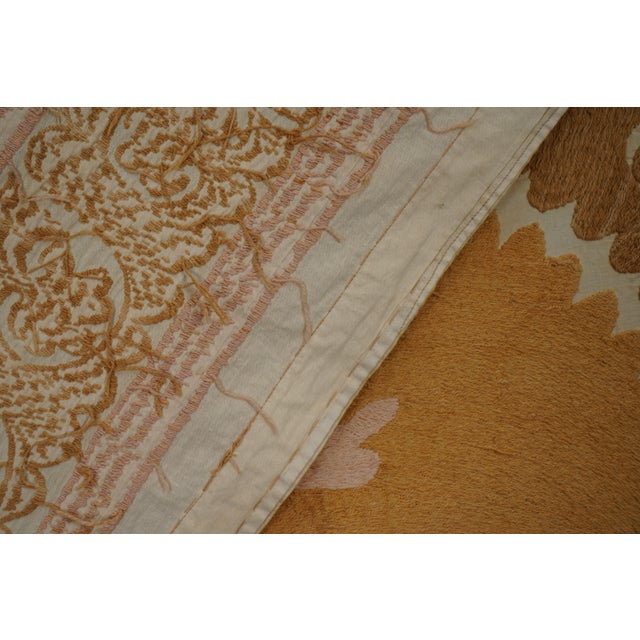 Copper Suzani White Washed Pale Tribal Tapestry - Camel Uzbek Table Cloth 4'3'' X 4'6'' For Sale - Image 8 of 14