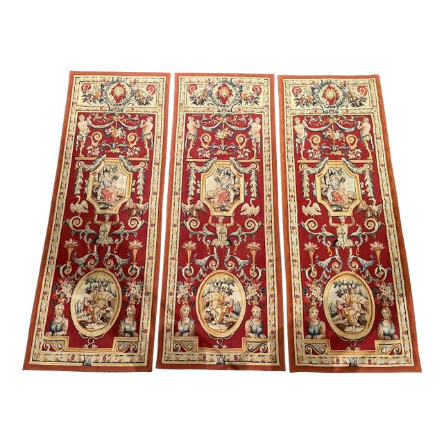 Mid-Century French Neo-Classical Hand Woven Wall Portieres Tapestries-Set of 3 For Sale