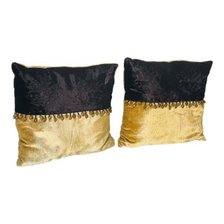 Cute Pair Small Velvet Lumbar Pillows With Beaded Fringes For Sale