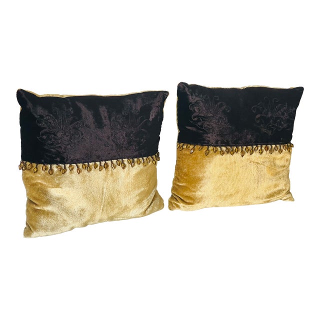 Cute Pair Small Velvet Lumbar Pillows With Beaded Fringes For Sale