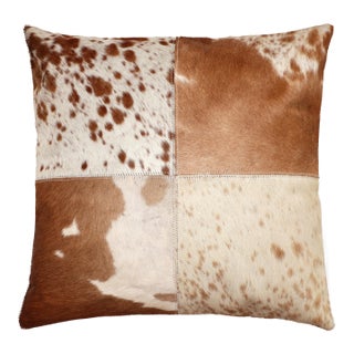 Luxury Brown & White Genuine Cowhide Patchwork Pillow 18x18 | Handmade Hair-on Leather Cushion For Sale