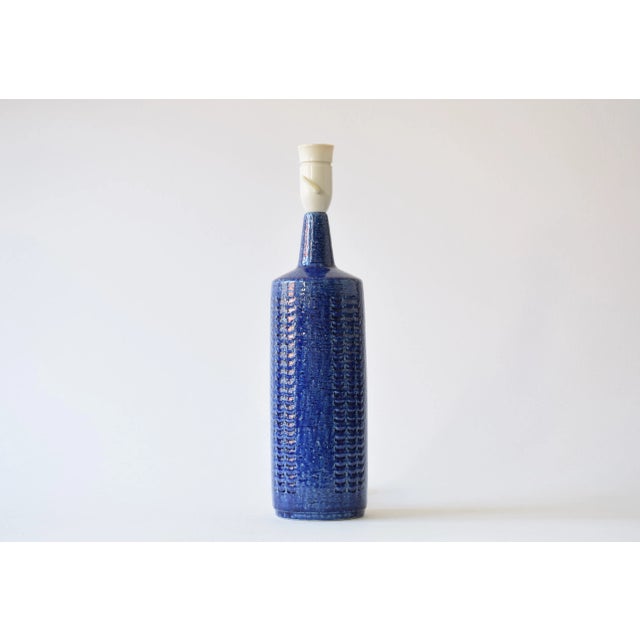Danish Table Lamp with Cobalt Blue Glaze and Lampshade from Palshus, 1960s For Sale - Image 3 of 10