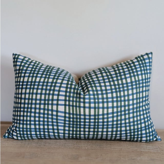 Thibaut Willow Tree Lumbar pillow in blues and greens with fun Alan Campbell plaid back. Super fun mix and match combo!...