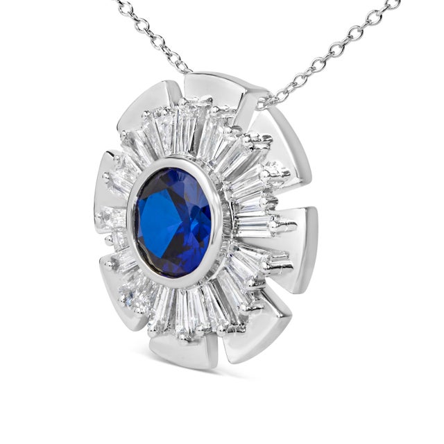 Haus of Brilliance Sterling Silver Lab Grown Blue Sapphire and 1 1/5 Cttw Diamond Sunburst Pendant Necklace For Sale - Image 4 of 4