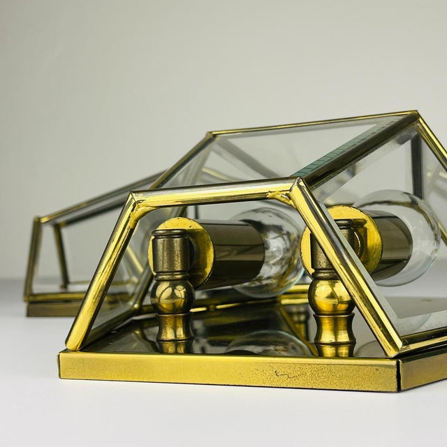 Gold Hexagonal Gold Brass and Crystal Sconces, 1970s, Set of 2 For Sale - Image 8 of 14