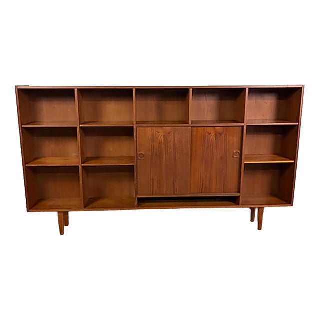 Danish Teak Bookcase with Open Compartments and Sliding Doors, 1950s For Sale