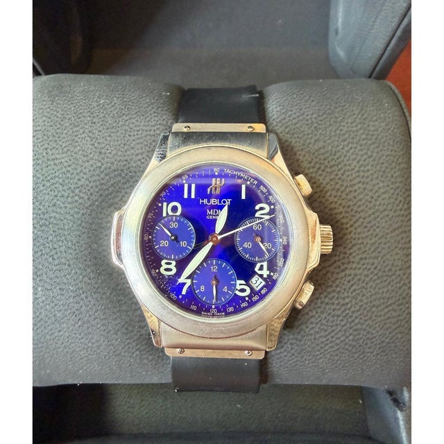 Blue 1990s Hublot Elegant MDM 1810.2 Stainless Steel Blue Dial Automatic Chronograph Watch For Sale - Image 8 of 8