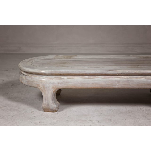 White Teak Wood Vintage Whitewash Low Coffee table with Oval Top and Carved Legs For Sale - Image 8 of 12