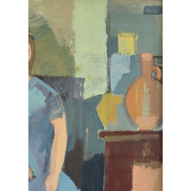 Mid-Century Modern 'Presence in Blue' Swedish Original Figurative Interior Oil Painting, Framed For Sale - Image 10 of 13