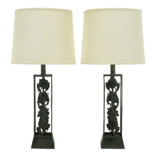 Black Lacquered Metal Open Body Grape Vine Table Lamps - a Pair