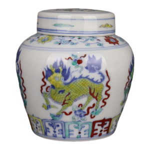 Early 20th Century Chinese Ceramic Tea Jar China Blue and White Doucai Porcelain Chenghua Tian Marked Jar Hand Painted Kylin Pattern