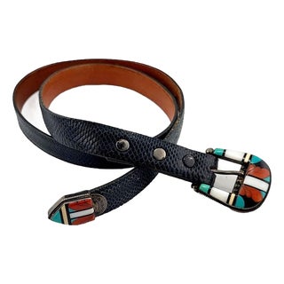 Rare Native American Zuni C & D Cooche Cooeyate Signed Inlay Sterling 2 Pc Ranger Lizard Belt For Sale